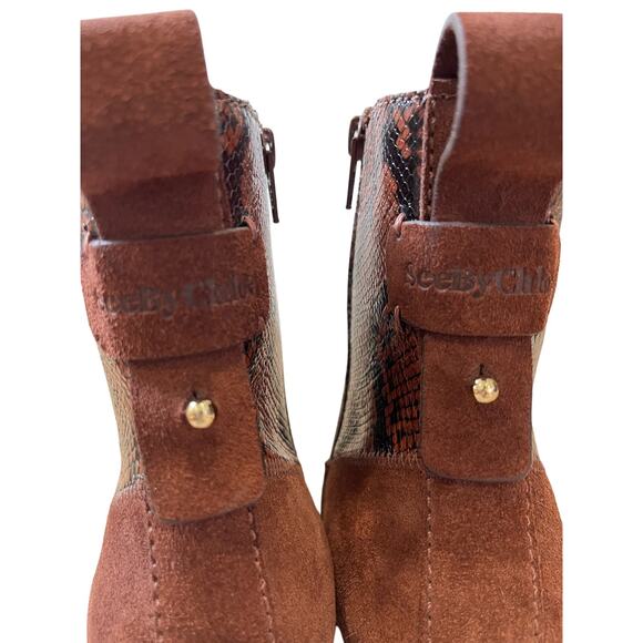 See by Chloé Women’s 38 / 7.5 Brown Suede Snakeskin Ankle Boots Block Heel - Picture 5 of 9